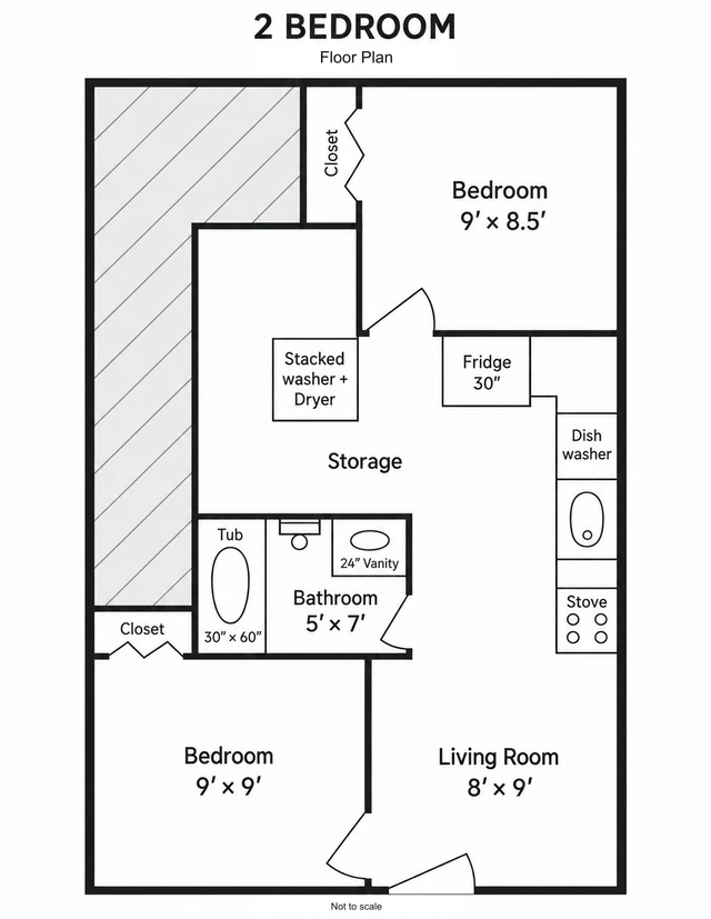 Two-bedroom layout with bedrooms at opposite ends, central bathroom and kitchen, and a living room beside the entry.
