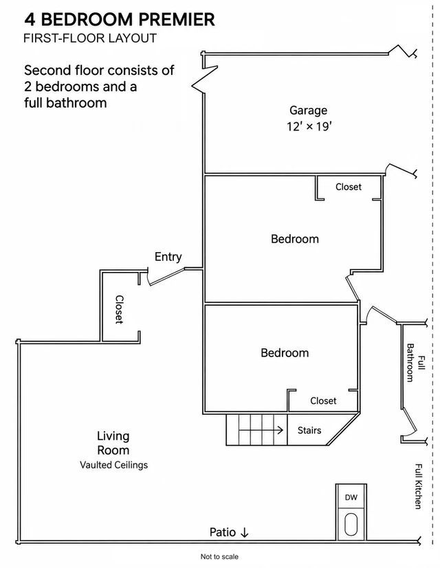 Premier first-floor layout showing two bedrooms, a living room, garage and stairs. Second floor consists of 2 bedrooms and a full bathroom